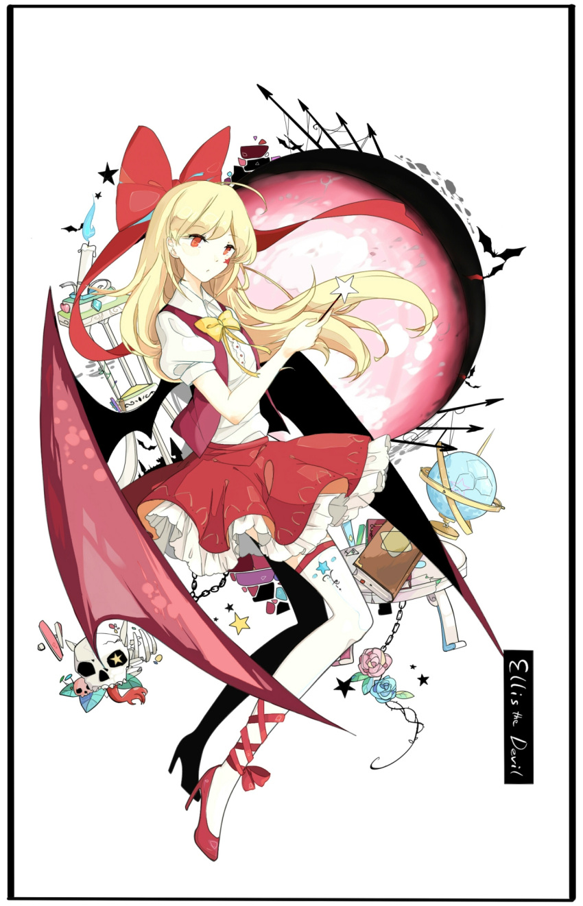 1girl, bat_wings, blonde_hair, book, border, bowtie, character_name, elis_(touhou)