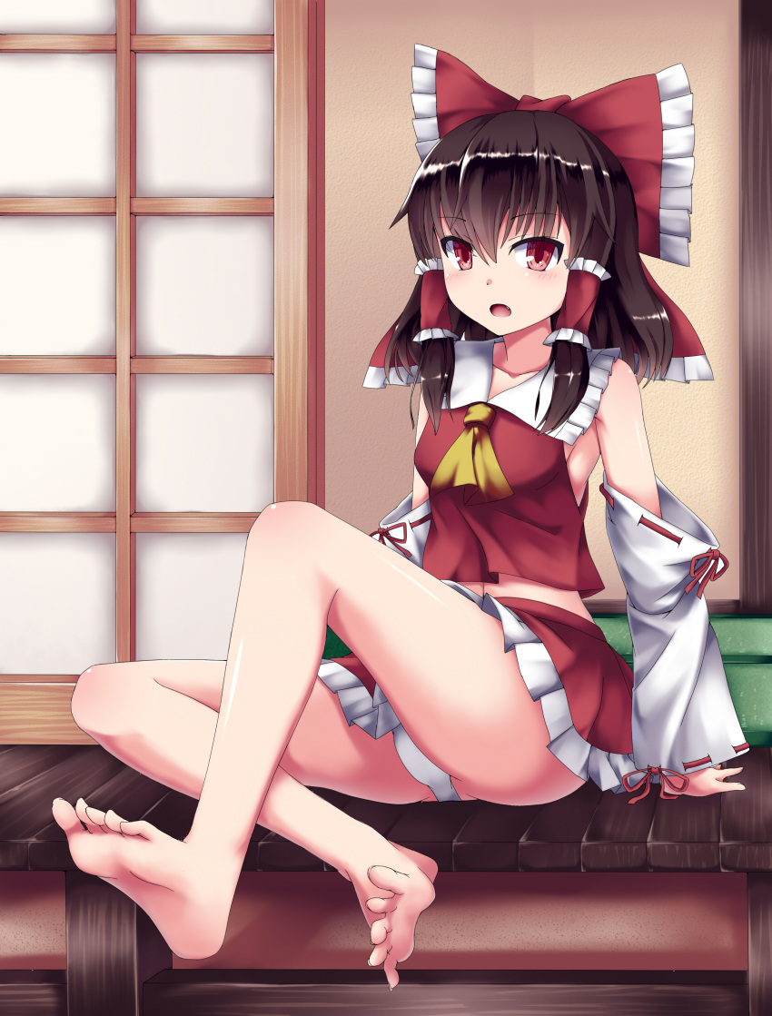 1girl, absurdres, ascot, barefoot, blush, brown_hair, crop_top, detached_sleeves