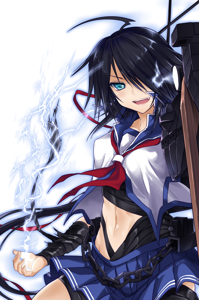 1girl, ahoge, armband, black_hair, green_eyes, kako_(kantai_collection), kantai_collection, lightning_bolt