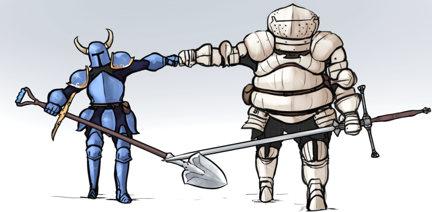2boys, armor, crossover, dark_souls, fist_bump, full_armor, full_body, gradient