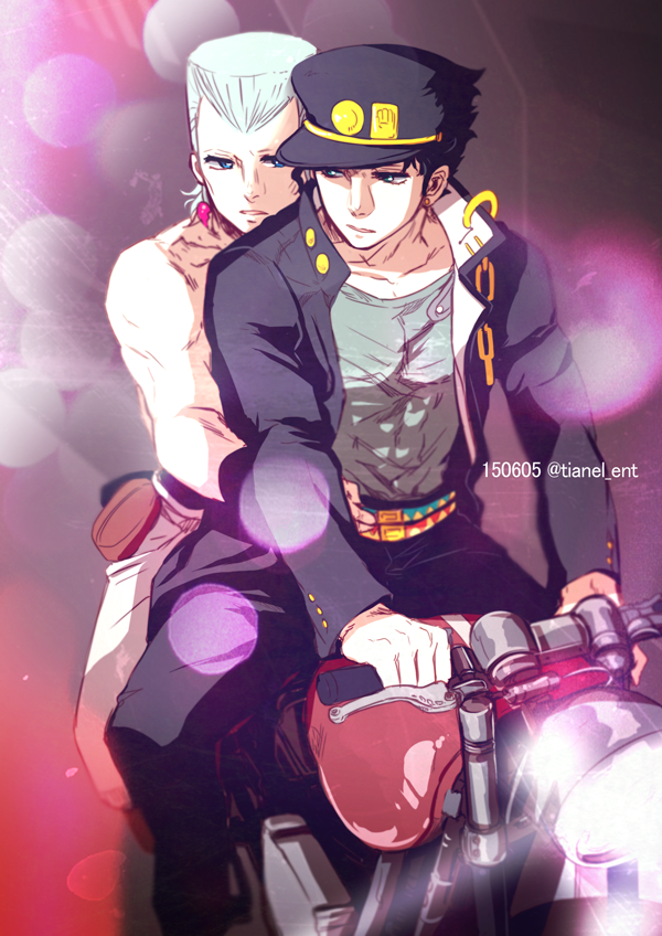 2boys, grey_hair, hat, jean_pierre_polnareff, jojo_no_kimyou_na_bouken, kuujou_joutarou, motor_vehicle, motorcycle, multiple_boys, tianel_ent, vehicle