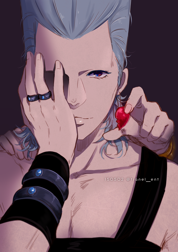 1boy, blue_eyes, covering_face, earrings, grey_hair, jean_pierre_polnareff, jewelry, jojo_no_kimyou_na_bouken