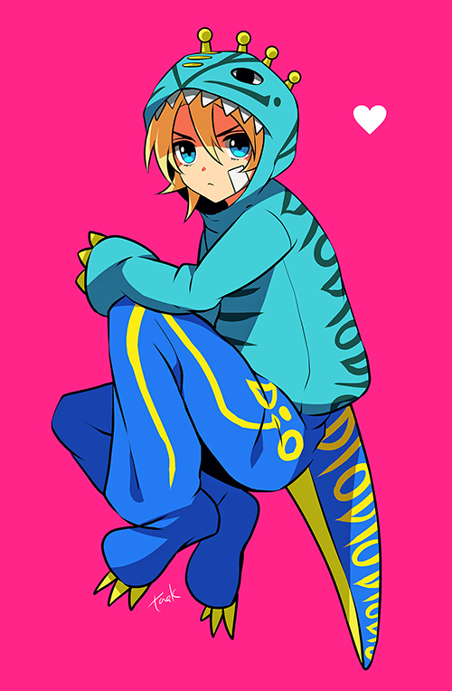 1boy, bandages, blonde_hair, blue_eyes, diego_brando, dinosaur_costume, heart, jojo_no_kimyou_na_bouken