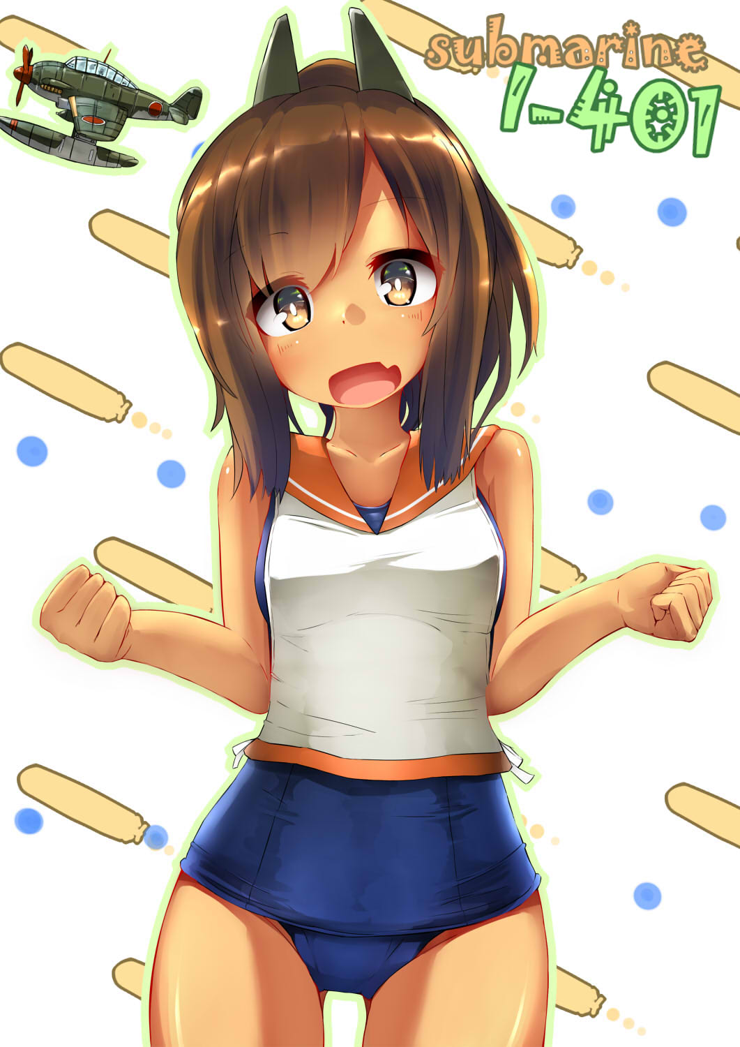 1girl, airplane, brown_eyes, brown_hair, fang, highres, i-401_(kantai_collection), kantai_collection