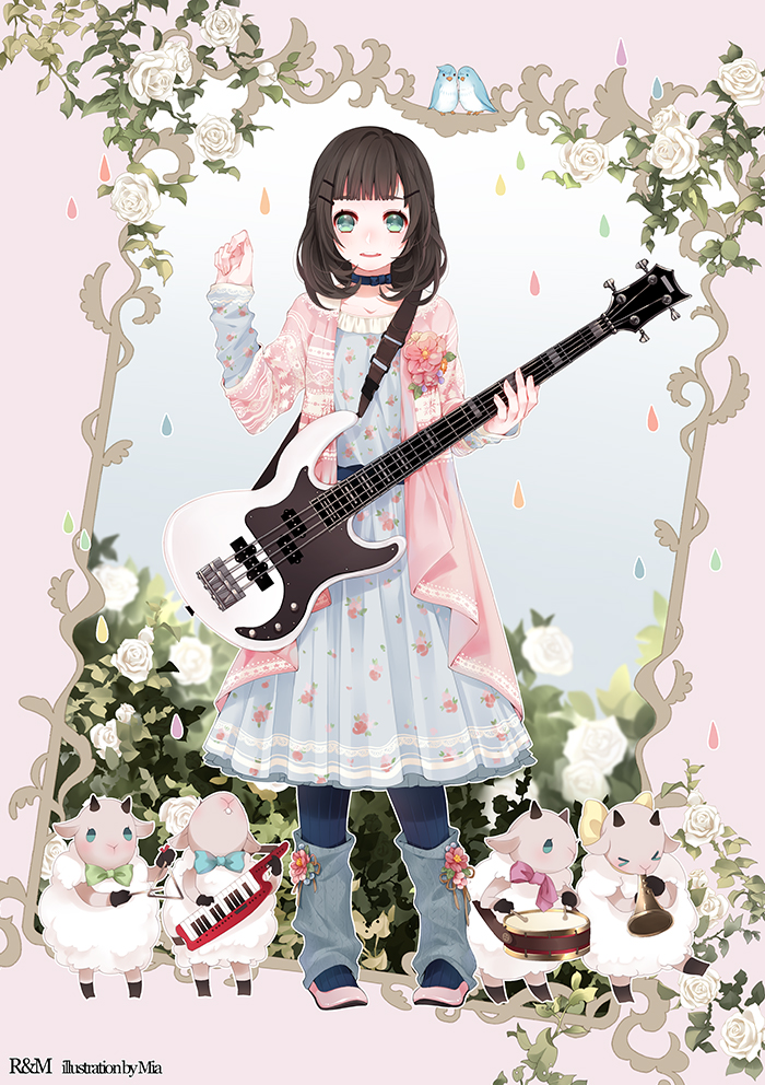 1girl, bangs, bass_guitar, bird, blunt_bangs, brown_hair, choker, dress, drum, flower, frame, full_body, green_eyes, hair_ornament, instrument, keytar, looking_at_viewer, mia0309, no_pupils, original, sheep, solo, triangle_(instrument)