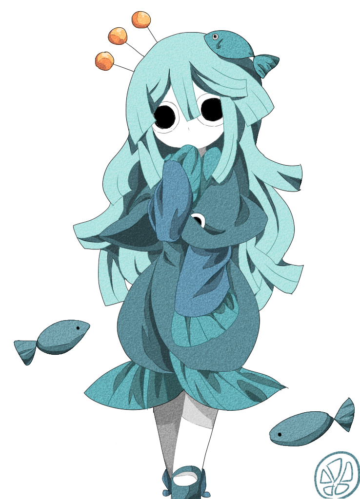 aqua, aqua_hair, bangs, fish, fish_hair_ornament, hair_ornament, hair_stick, hand_to_own_mouth