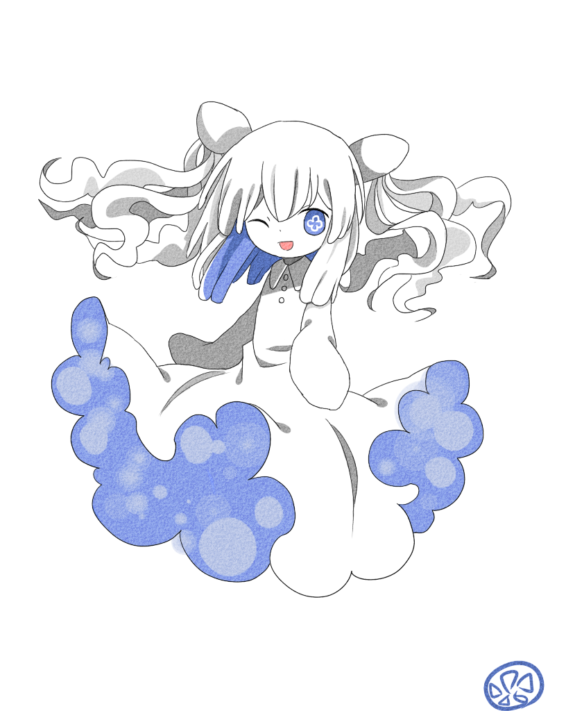 +_+, 1girl, bangs, blue, dress, jellyfish, looking_at_viewer, monochrome