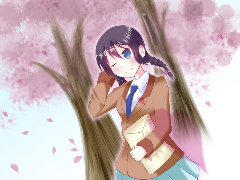 1girl, blue_eyes, braid, dutch_angle, hand_on_own_head, haru_(tropical_palette), holding, long_hair