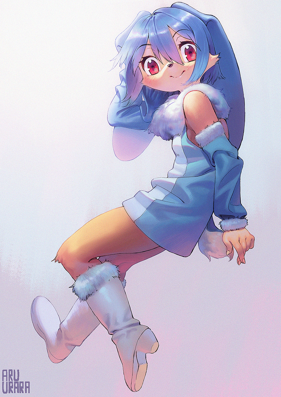 /livejupiter/, 1boy, animal_ears, aruurara, blue_hair, boots, detached_sleeves, full_body