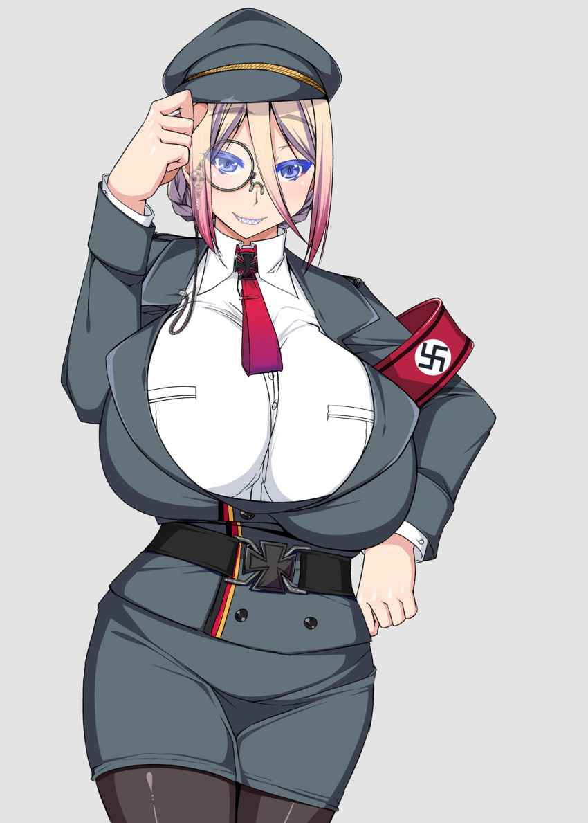 1girl, blonde_hair, blue_eyes, breasts, gigantic_breasts, grin, hat, highres