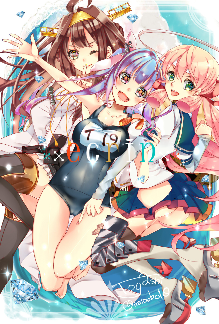 3girls, ahoge, akashi_(kantai_collection), bandana, bare_shoulders, blue_hair, blush, boots