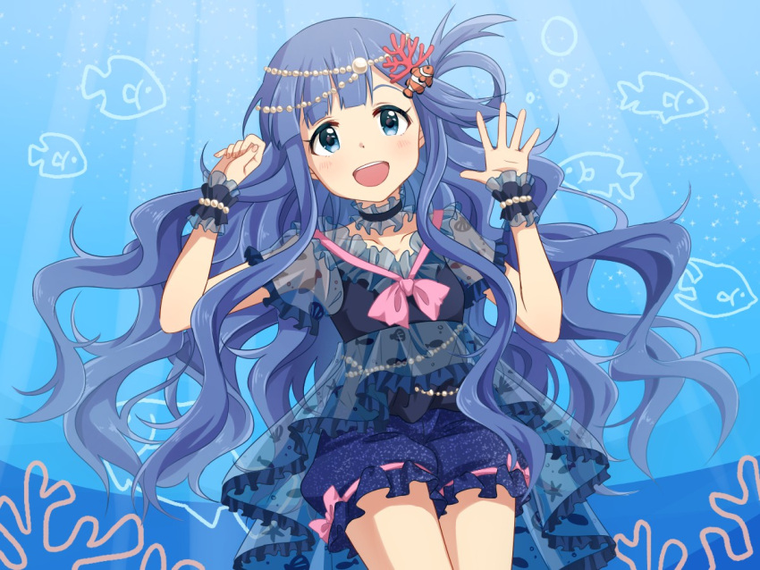 asari_nanami, blue_eyes, blue_hair, idolmaster, idolmaster_cinderella_girls, koiwai_ringo, long_hair, underwater