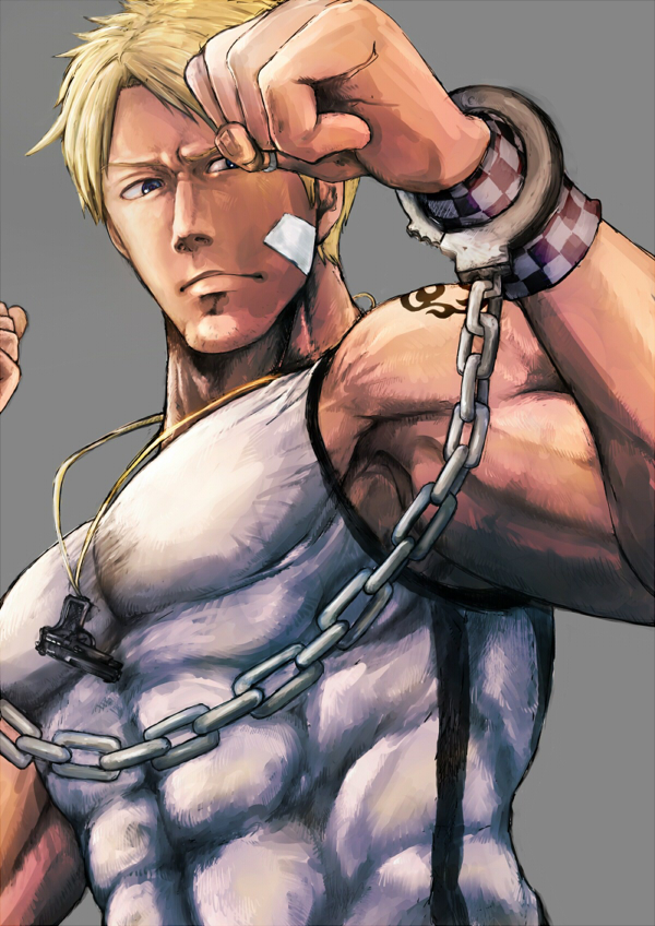 1boy, abs, bandaid, blonde_hair, blue_eyes, checkered, clenched_hands, cody_travers, cuffs, facial_hair, fighting_stance, final_fight, goroumaru_(galaxy2-3-6), handcuffs, male_focus, muscle, nose, solo, street_fighter, street_fighter_iv, stubble, super_street_fighter_iv, tank_top, wristband