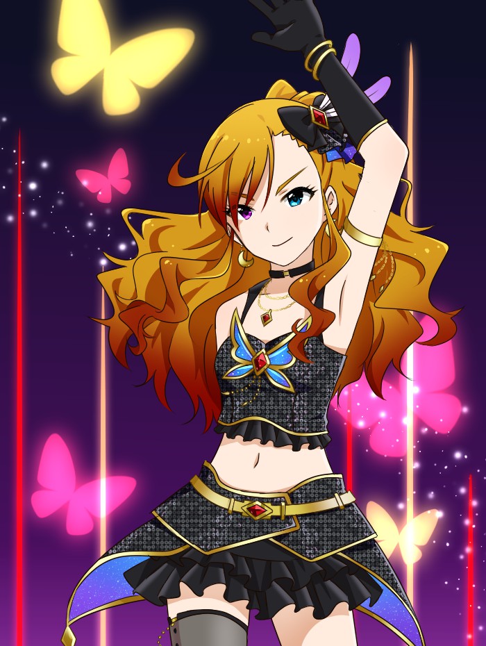 1girl, arm_up, armlet, armpits, black_gloves, blue_eyes, butterfly, choker