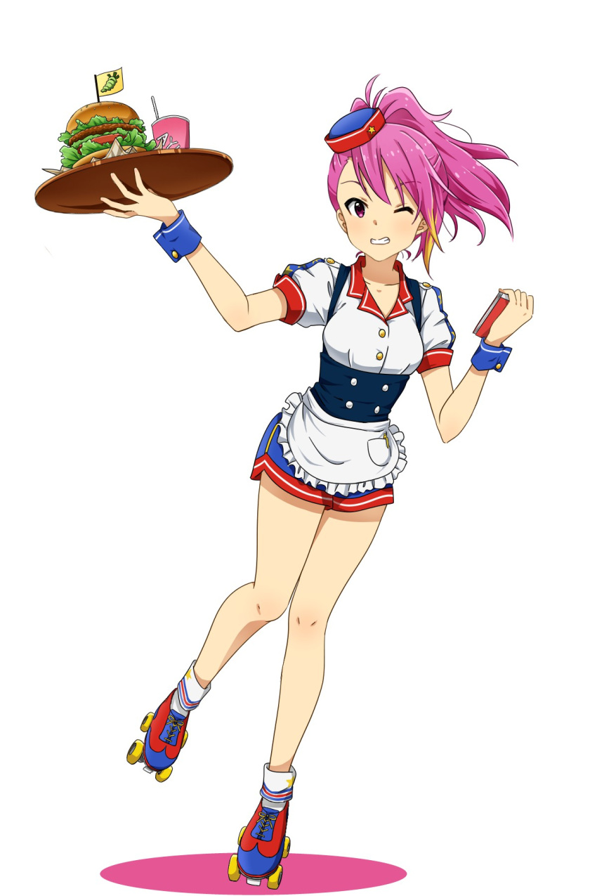 1girl, apron, blonde_hair, burger_skater_(idolmaster), food, full_body, grin, hamburger, hat, highres, idolmaster, idolmaster_million_live!, koiwai_ringo, looking_at_viewer, maihama_ayumu, mini_hat, multicolored_hair, one_eye_closed, pink_eyes, pink_hair, ponytail, roller_skates, skates, smile, solo, tray, waitress