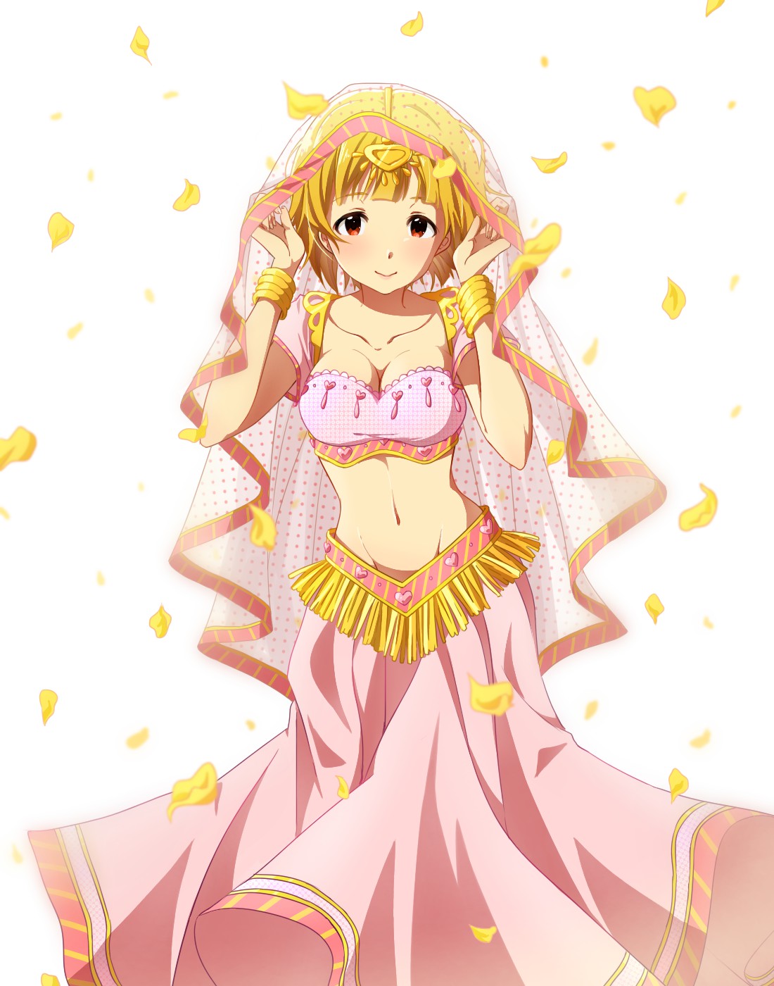 1girl, arabian_clothes, blonde_hair, bracelet, breasts, brown_eyes, cleavage, collarbone