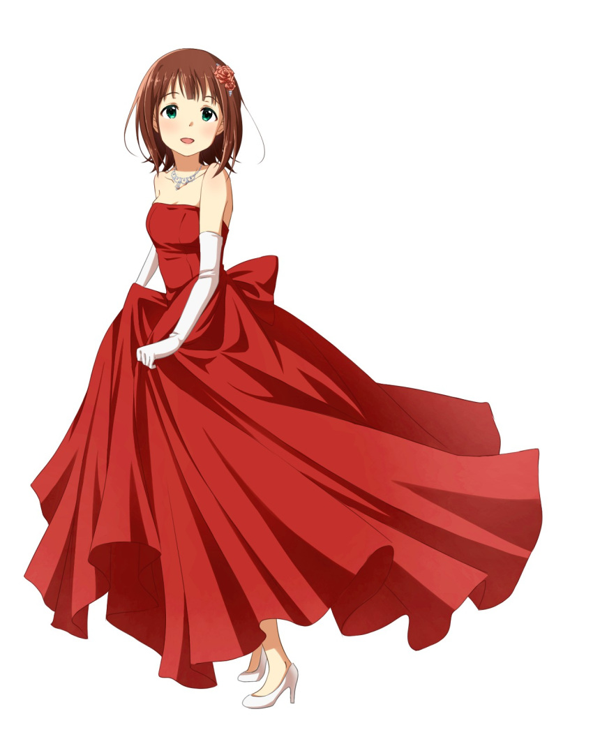 1girl, amami_haruka, brown_hair, dress, elbow_gloves, flower, gloves, green_eyes