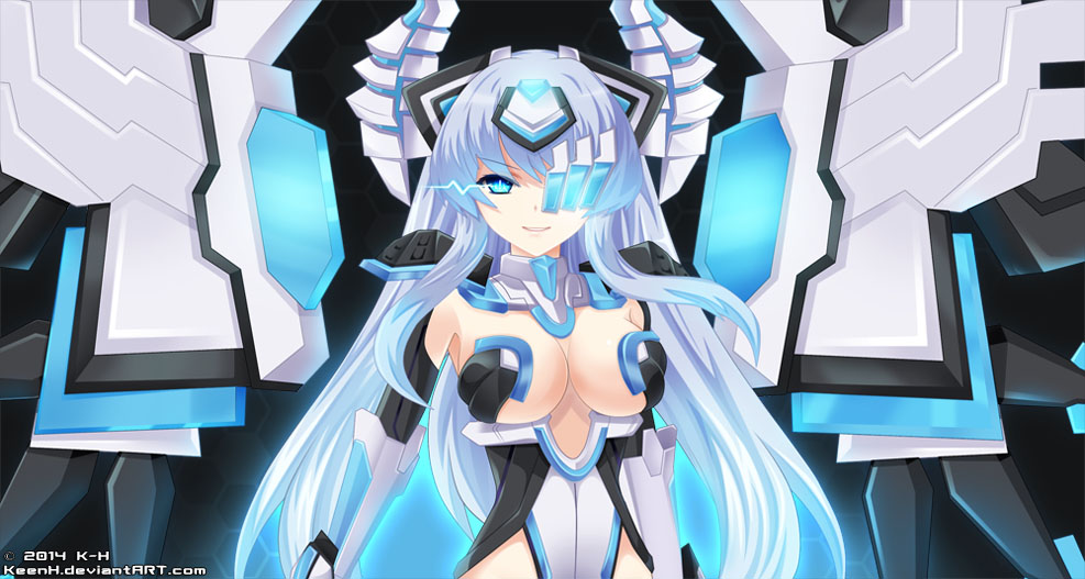 1girl, blue_eyes, blue_hair, horns, kami_jigen_game_neptune_v, keenh, kiseijou_rei, long_hair