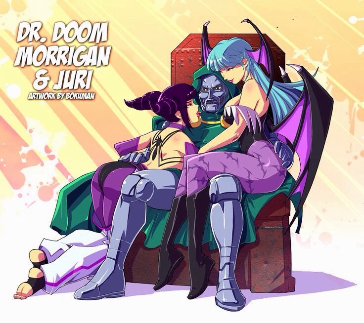 1boy, 2girls, ass, baggy_pants, breasts, capcom, chair, comics, crossover, demon_wings, dr_doom, han_juri, kiss, licking, marvel, mask, morrigan, pink_legwear, shiny, shiny_clothes, sideboob, smile, spider, super_street_fighters, toes, tongue