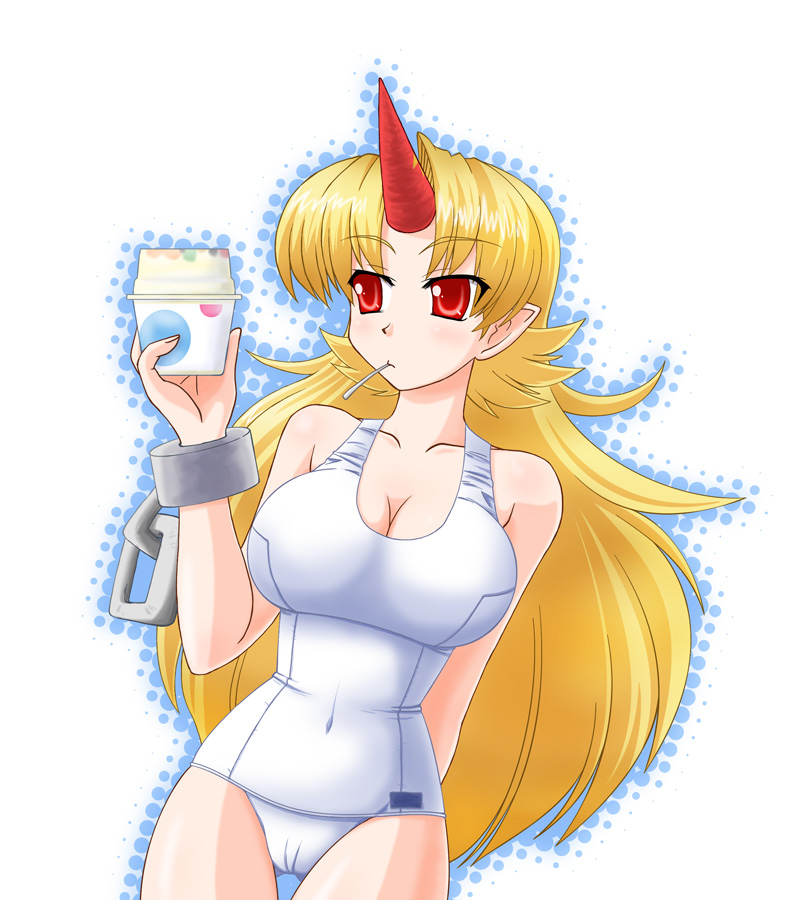 breasts, cleavage, cuffs, horn, horns, hoshiguma_yuugi, long_hair, mouth_hold, nishin, nishindoh, one-piece_swimsuit, pointy_ears, red_eyes, school_swimsuit, shackles, swimsuit, touhou, white_school_swimsuit