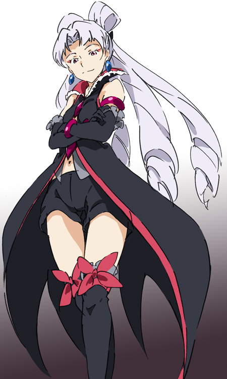 1girl, black_gloves, black_legwear, cosplay, crossed_arms, earrings, eas, eas_(cosplay)