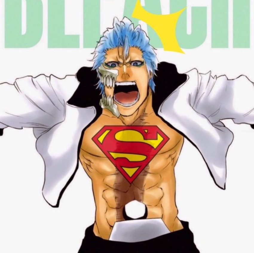 1boy, abs, belt, bleach, blue_eyes, blue_hair, crossover, dc, dc_comics, grimmjow, jacket, jaw, logo, male, muscles, shocked, solo, superman