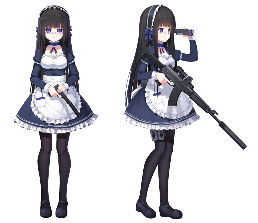 1girl, assault_rifle, black_hair, black_legwear, glasses, gun, handgun, highres