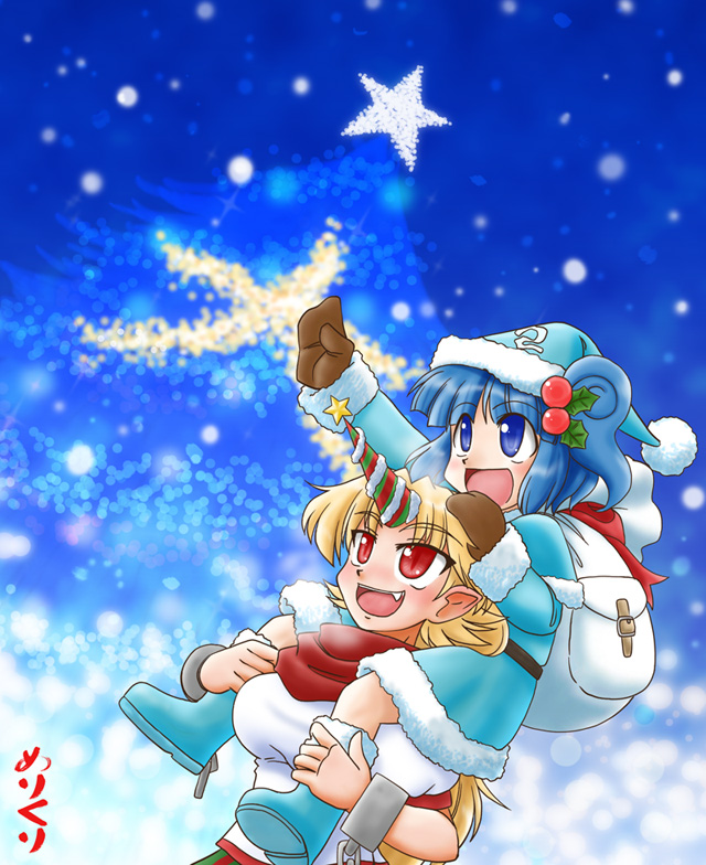 backpack, bag, blonde_hair, blue_eyes, blue_hair, carrying, christmas, coat