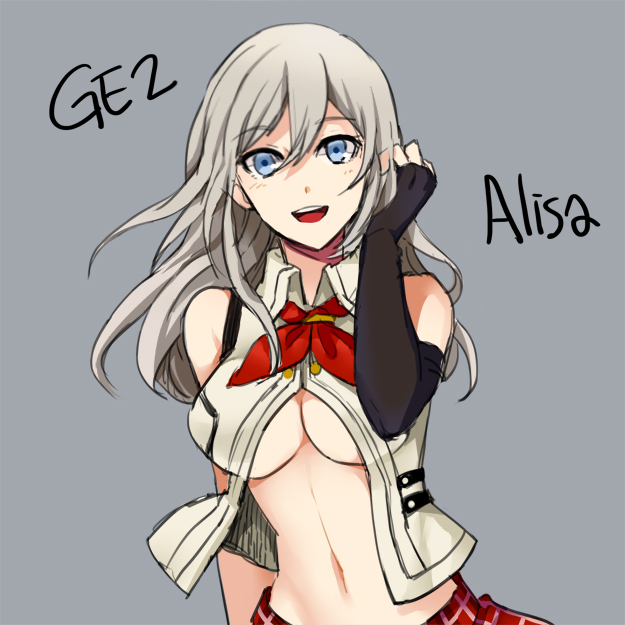 1:1_aspect_ratio, alisa_ilinichina_amiella, bare_shoulders, blue_eyes, breasts, elbow_gloves, female, gloves, god_eater, god_eater_2:_rage_burst, god_eater_burst, looking_at_viewer, sliver_hair, smile, under_boob