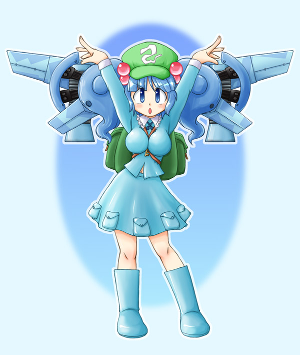 backpack, bag, blue_eyes, blue_hair, breasts, hair_bobbles, hair_ornament, hat