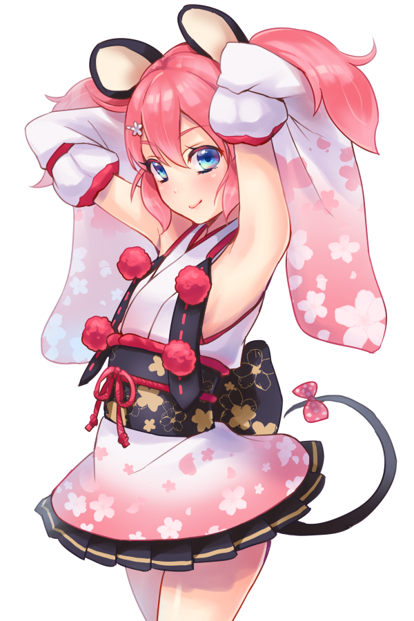 1girl, animal_ears, armpits, arms_up, bangs, blue_eyes, bow, hair_ornament