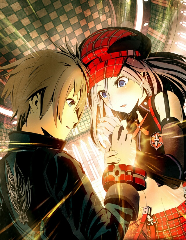 1boy, 1girl, alisa_ilinichina_amiella, bare_shoulders, beret, black_gloves, blue_eyes, blush