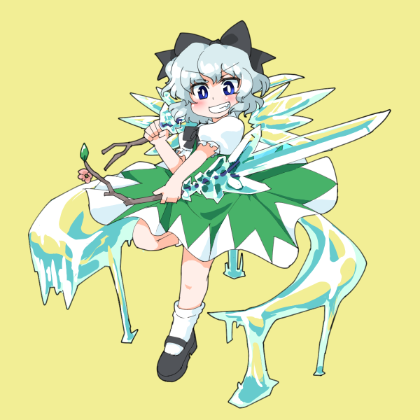 1girl, black_shoes, blue_eyes, blush, bow, cirno, color_switch, crystal_sword