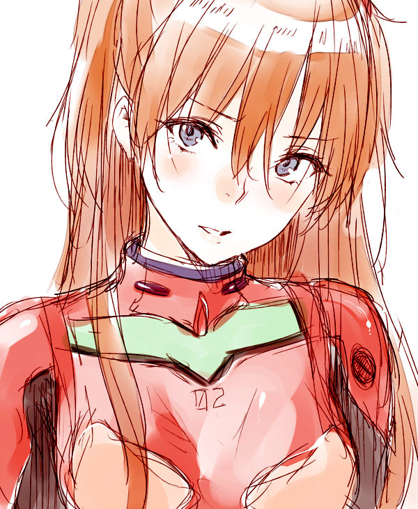1girl, blue_eyes, long_hair, looking_at_viewer, neon_genesis_evangelion, npt_(calpis), orange_hair, parted_lips, plugsuit, simple_background, solo, souryuu_asuka_langley, test_plugsuit, white_background