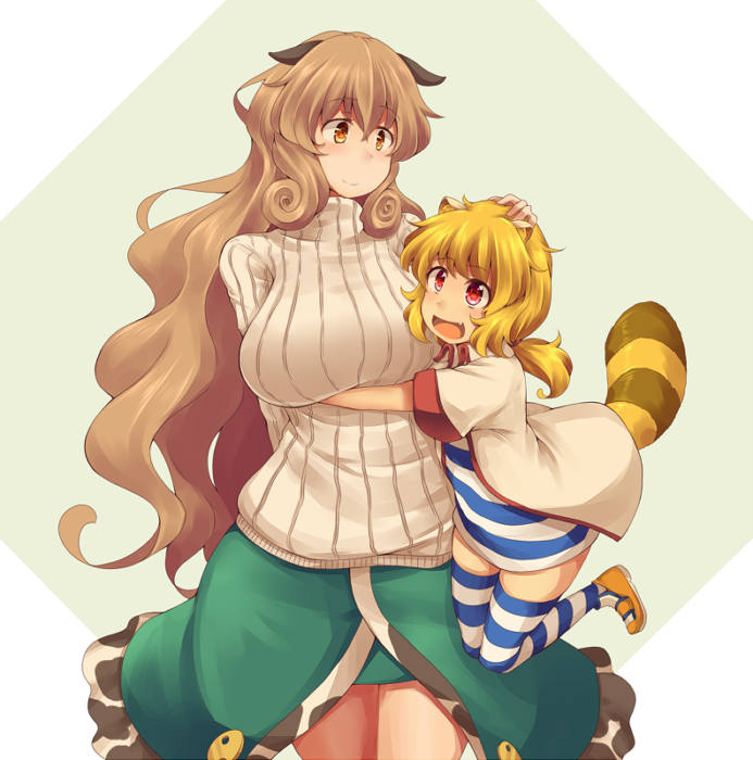 2girls, animal_ears, blonde_hair, brown_hair, kiyomiya_hikari, kuromiya, long_hair, makisato_hiromi