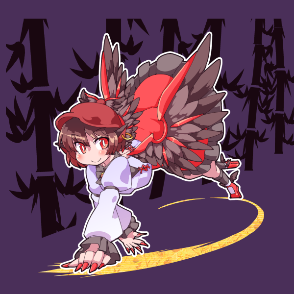 1girl, action, all_fours, animal_ears, ankle_wings, bamboo, black_feathers, black_legwear, blush, breasts, brooch, brown_hair, color_switch, commentary_request, dress, earrings, fingernails, frilled_dress, frills, hat, imaizumi_kagerou, imaizumi_kagerou_(cosplay), ini_phm, jewelry, long_sleeves, looking_to_the_side, mystia_lorelei, nail_polish, open-back_dress, puffy_long_sleeves, puffy_sleeves, red_dress, red_eyes, red_nails, red_shoes, sharp_fingernails, shoes, short_hair, smile, touhou, wings