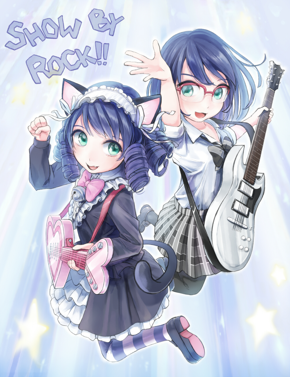 2girls, animal_ears, aqua_eyes, bell, black_legwear, blue_hair, bowtie, cat_ears