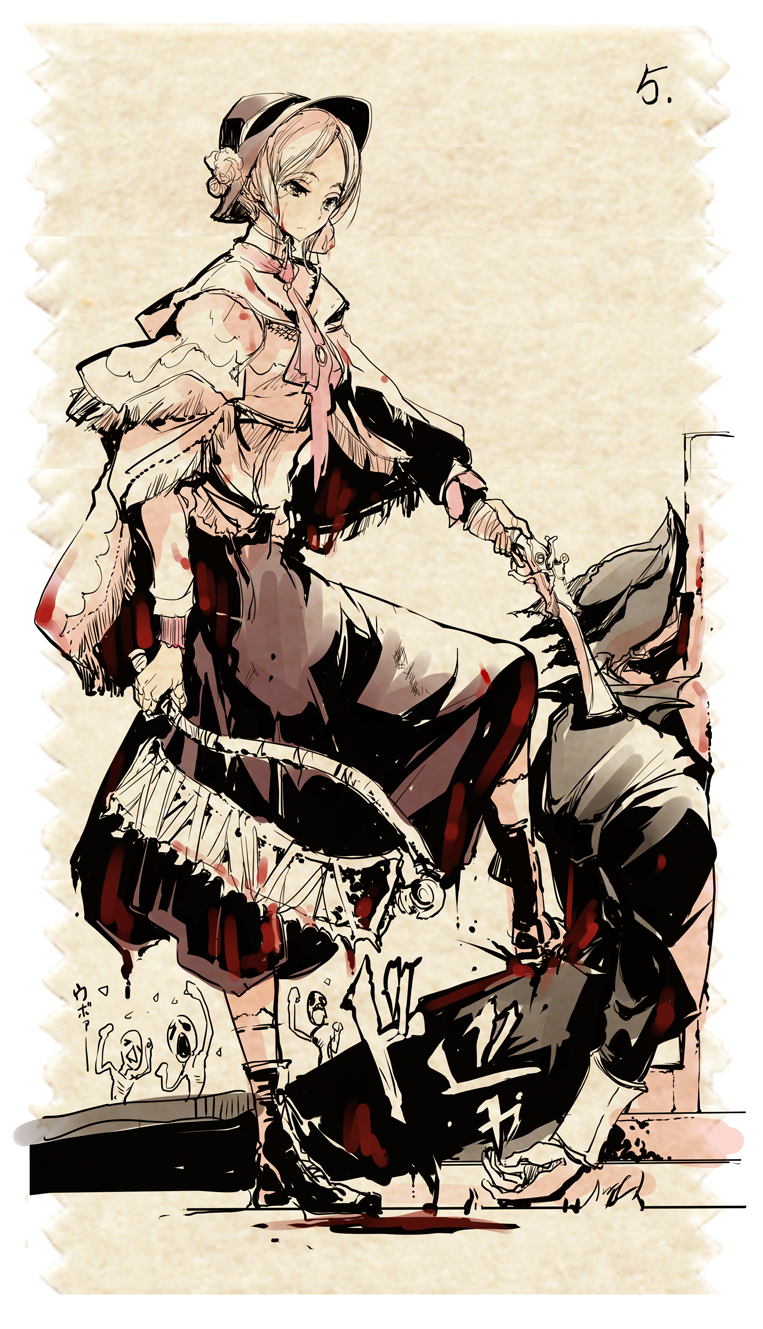 1boy, 1girl, blood, blood_on_face, bloodborne, bloody_clothes, bonnet, boots, comic, dress, endou_okito, gun, hat, highres, holding_weapon, hunter_(bloodborne), multiple_people, number, plain_doll, saw, socks, weapon