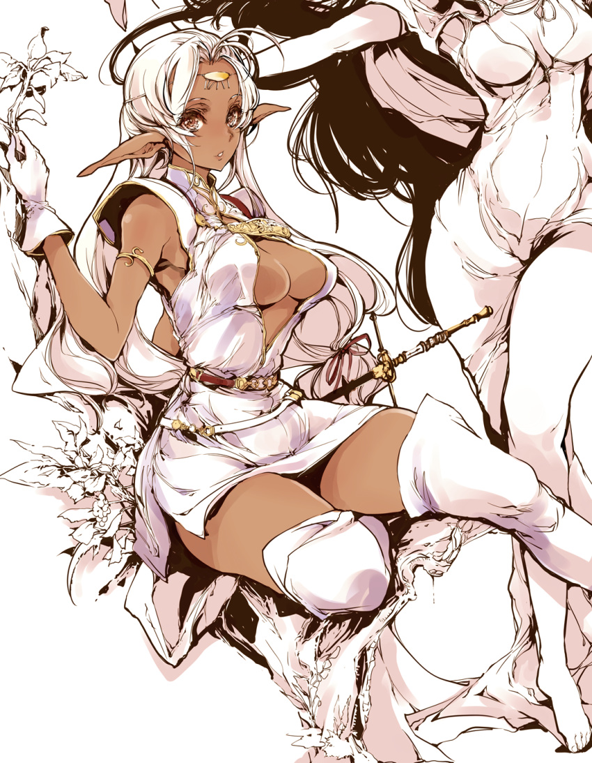 2girls, belt, boots, breasts, brown_eyes, circlet, cleavage, dark_elf