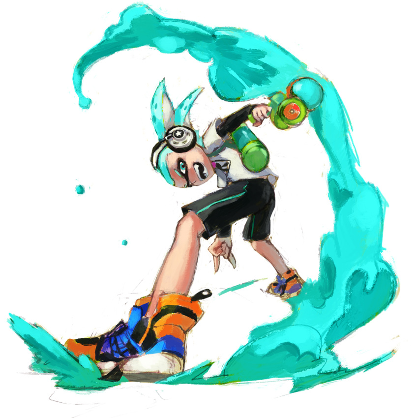 1boy, \n/, aqua_eyes, aqua_hair, bike_shorts, from_behind, from_below, full_body