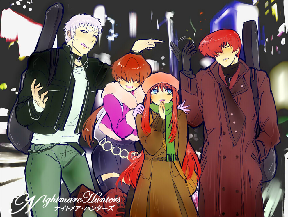 2boys, 2girls, blue_eyes, crossover, guitar_case, hairband, instrument_case, king_of_fighters, leather_jacket, long_hair, multiple_boys, multiple_girls, nanakase_yashiro, red_eyes, redhead, shermie, silver_hair, skirt, smile, tarakoutibiru, tohno_akiha, tsukihime, vermillion_akiha, very_long_hair, yagami_iori