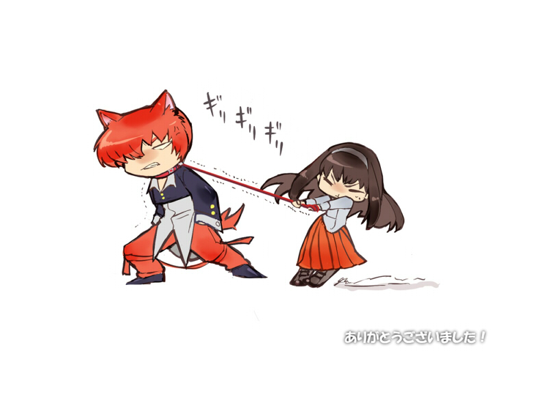 1boy, 1girl, animal_ears, black_hair, blood, chibi, crossover, crying, dog_ears, hairband, king_of_fighters, long_hair, long_skirt, looking_at_another, pants, red_pants, red_skirt, redhead, short_hair, skirt, tarakoutibiru, tohno_akiha, tsukihime, very_long_hair, yagami_iori