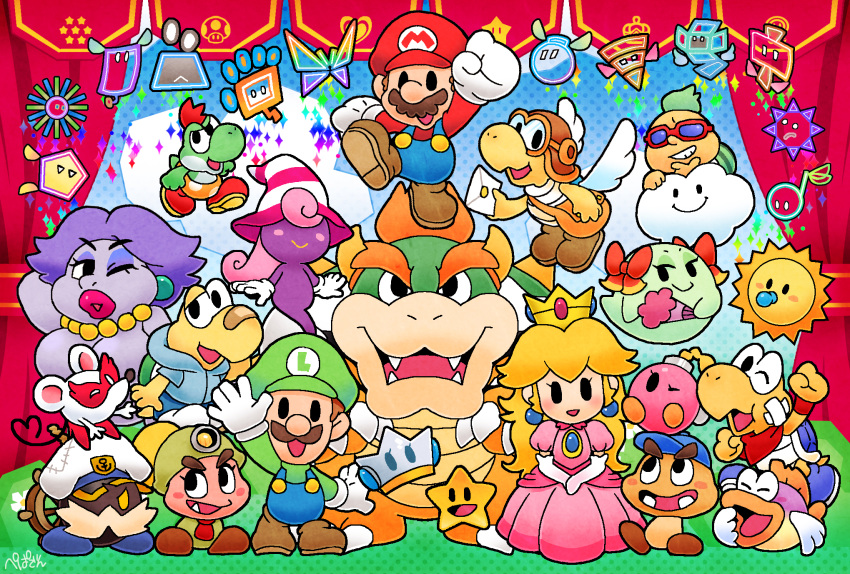 bag, bandaid, blonde_hair, blush_stickers, bow, bowser, character_request, crown