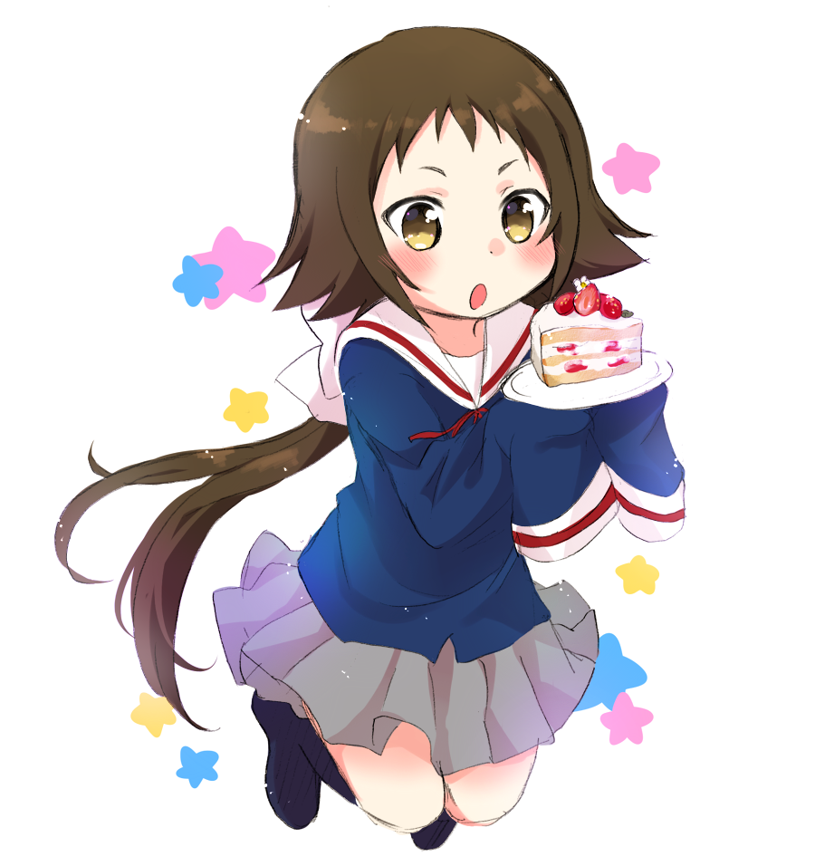1girl, :o, blush, brown_hair, cake, food, jumping, mikakunin_de_shinkoukei