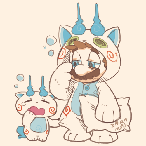 1boy, blue_eyes, brown_hair, closed_eyes, ghost-pepper, koma-san, koma-san_(cosplay), lowres, mario, open_mouth, pillow, rubbing_eyes, sleepy, super_mario_bros., yawning, youkai_watch