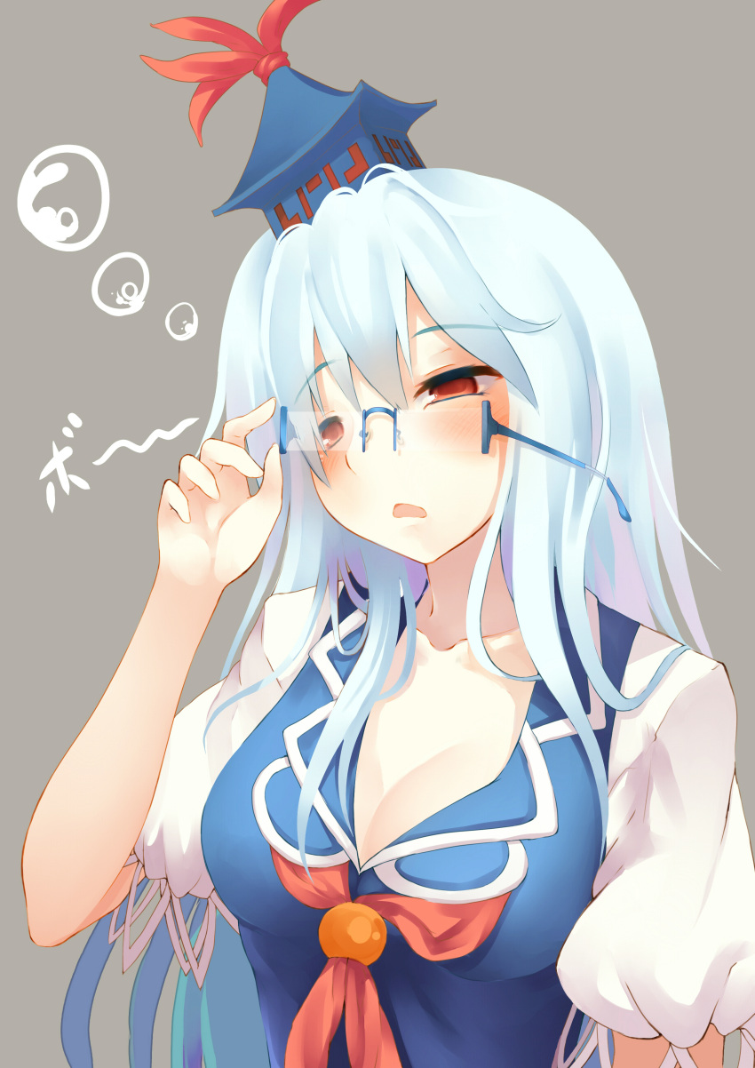 1girl, absurdres, bespectacled, blue-framed_glasses, blue_hair, blush, breasts, cleavage