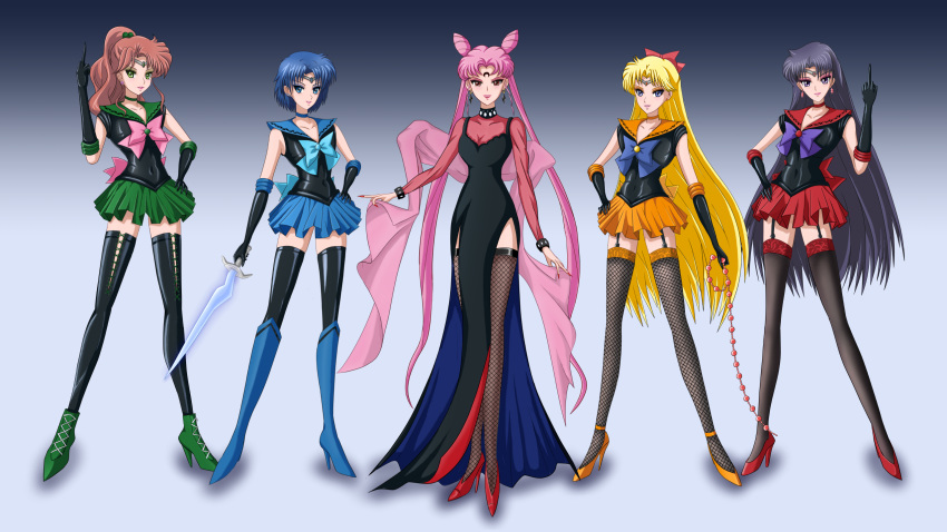 5girls, aino_minako, bishoujo_senshi_sailor_moon, black_dress, black_hair, black_lady, black_legwear, blonde_hair