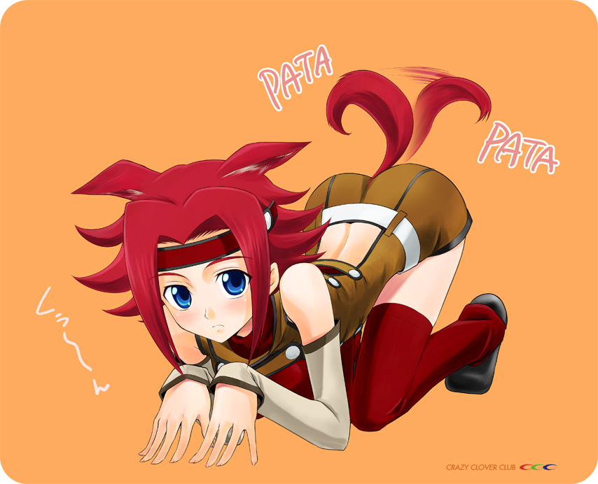 bare_shoulders, blue_eyes, ccc, code_geass, crazy_clover_club, dog_ears, dog_tail, doggirl, gloves, headband, inumimi, kallen_stadtfeld, karen_kouzaki, red_hair, redhead, shirotsumekusa, sleeveless, sleeveless_turtleneck, tail, tail_wagging, thigh_highs, thighhighs, turtleneck