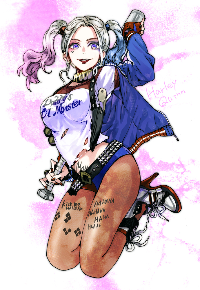 1girl, armpit_holster, baseball_bat, batman_(series), blonde_hair, blue_eyes, blue_hair, boots