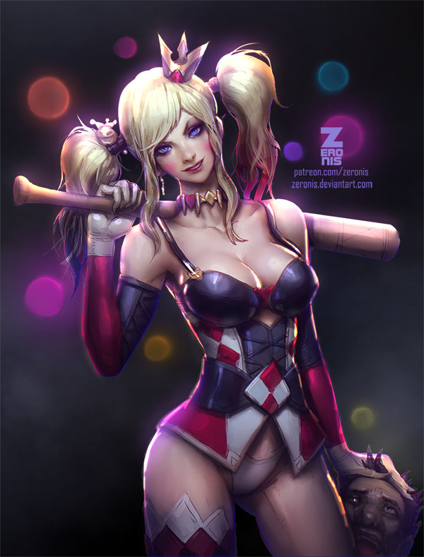 1girl, alternate_costume, bare_shoulders, baseball_bat, batman_(series), blonde_hair, blue_eyes, blue_hair